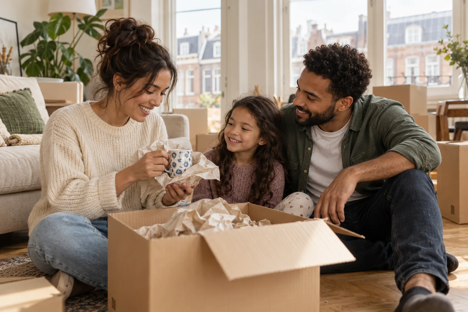 A family unpacking moving boxes in the living room of their new Amsterdam home.